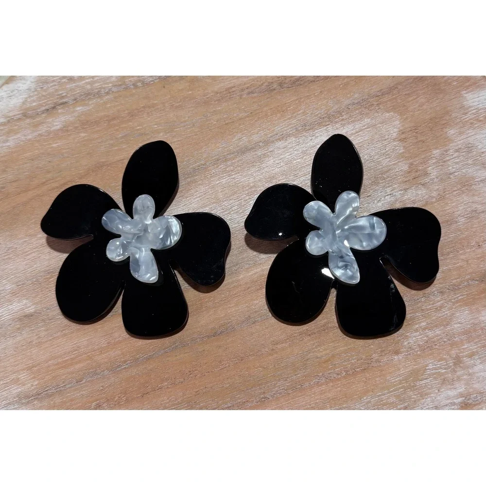 Black & Pearl‎ Floral Statement Earrings  Oversized Acrylic Flower Earrings